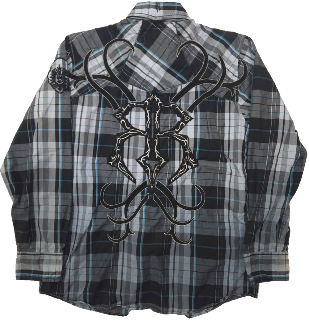 Y2K Roar Shirt Men's XL Blue Plaid Long Sleeve Embroidered Tribal Grunge Rock